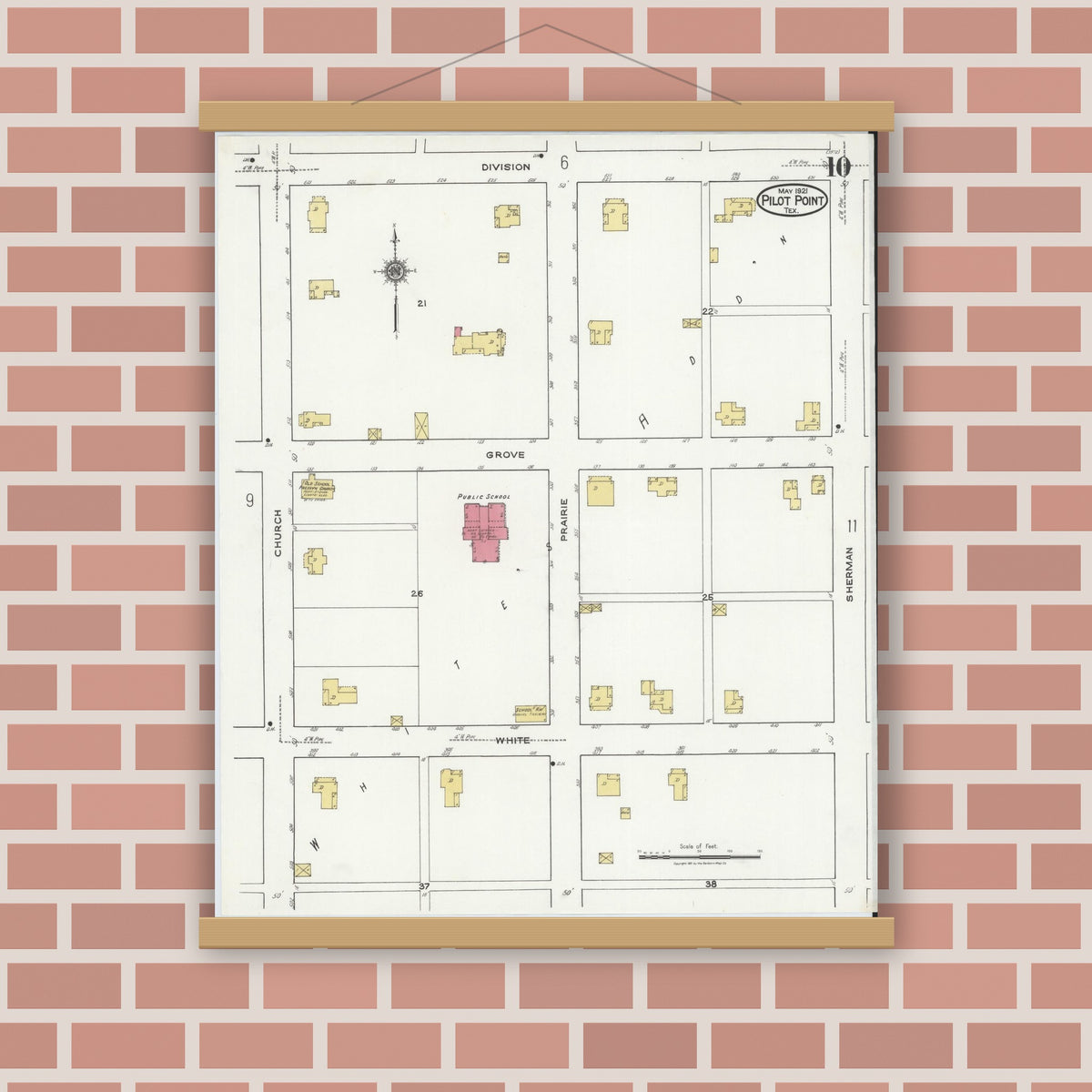 Old map wall art mockup — magnetic wood frame on brick wall — Sanborn Fire Insurance Map from Pilot Point, Denton County, Texas (1921), Sheet #0010