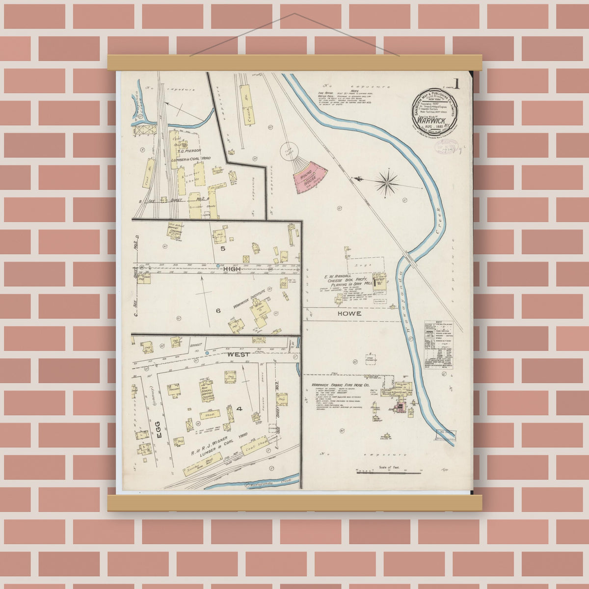 Old map wall art mockup — magnetic wood frame on brick wall — Sanborn Fire Insurance Map from Warwick, Orange County, New York (1885), Sheet #0001