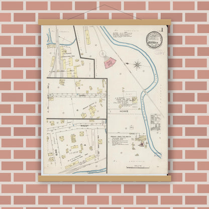 Old map wall art mockup — magnetic wood frame on brick wall — Sanborn Fire Insurance Map from Warwick, Orange County, New York (1885), Sheet #0001