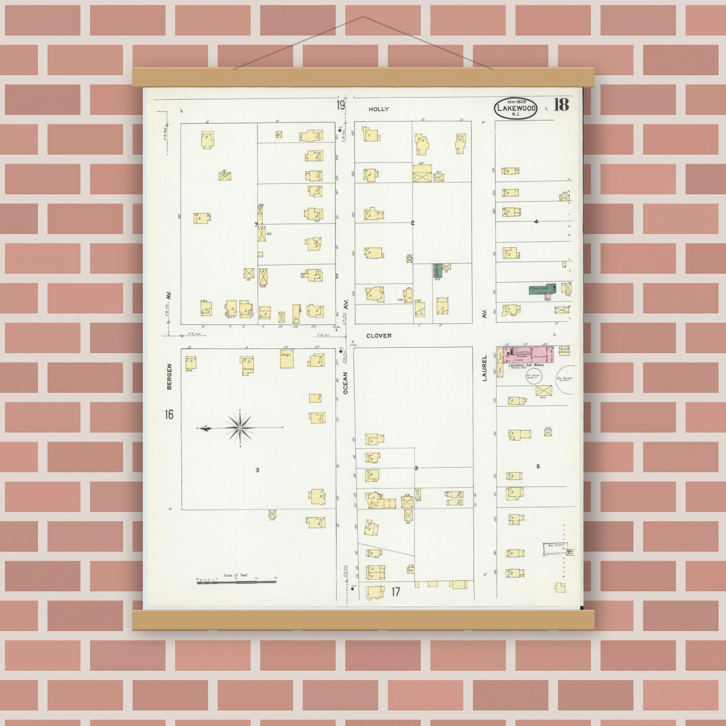 Old map wall art mockup — magnetic wood frame on brick wall — Sanborn Fire Insurance Map from Lakewood, Ocean County, New Jersey (1909), Sheet #0018