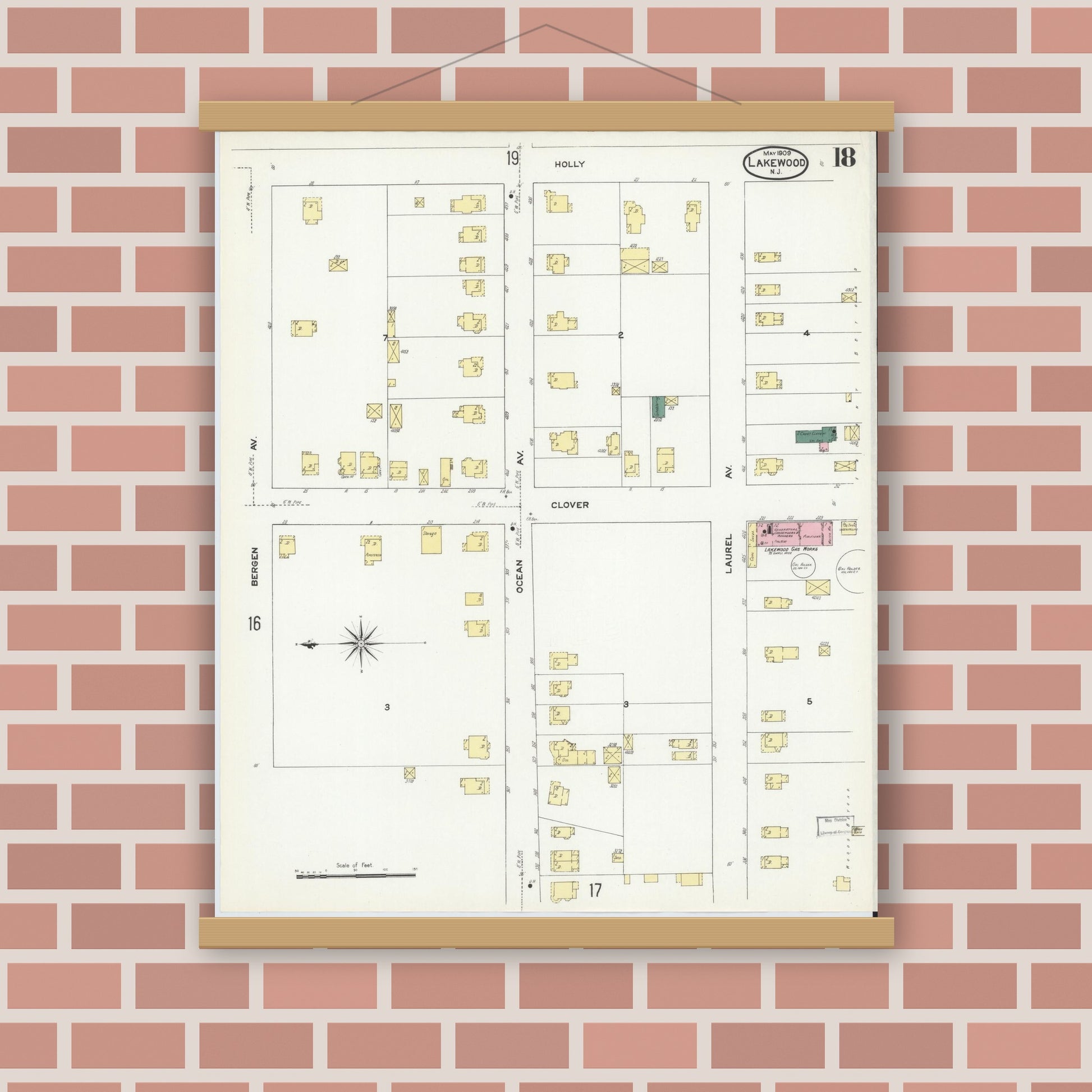 Old map wall art mockup — magnetic wood frame on brick wall — Sanborn Fire Insurance Map from Lakewood, Ocean County, New Jersey (1909), Sheet #0018