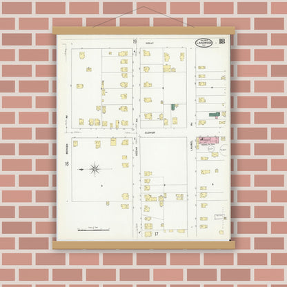 Old map wall art mockup — magnetic wood frame on brick wall — Sanborn Fire Insurance Map from Lakewood, Ocean County, New Jersey (1909), Sheet #0018