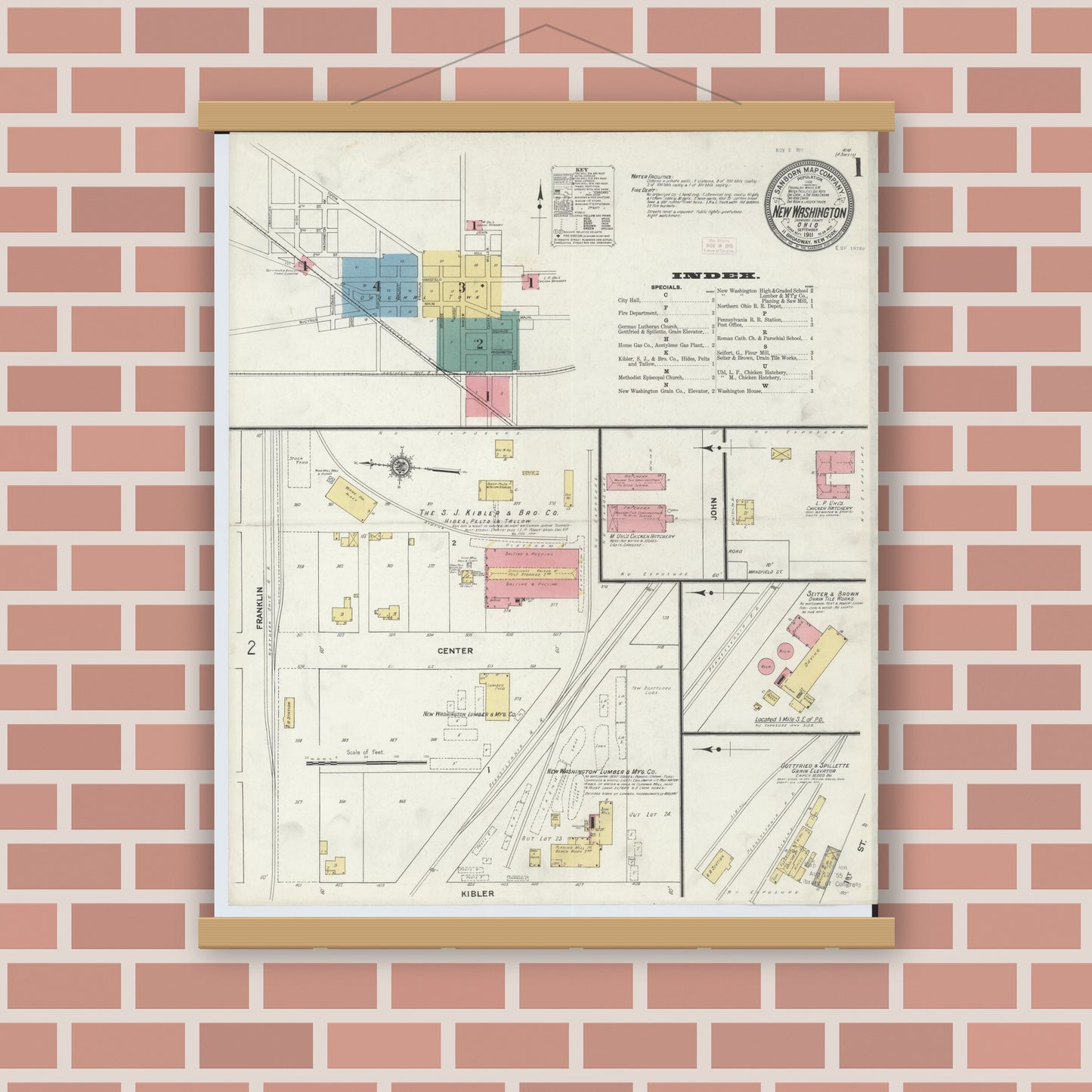 Old map wall art mockup — magnetic wood frame on brick wall — Sanborn Fire Insurance Map from New Washington, Crawford County, Ohio (1911) - Complete Map Set