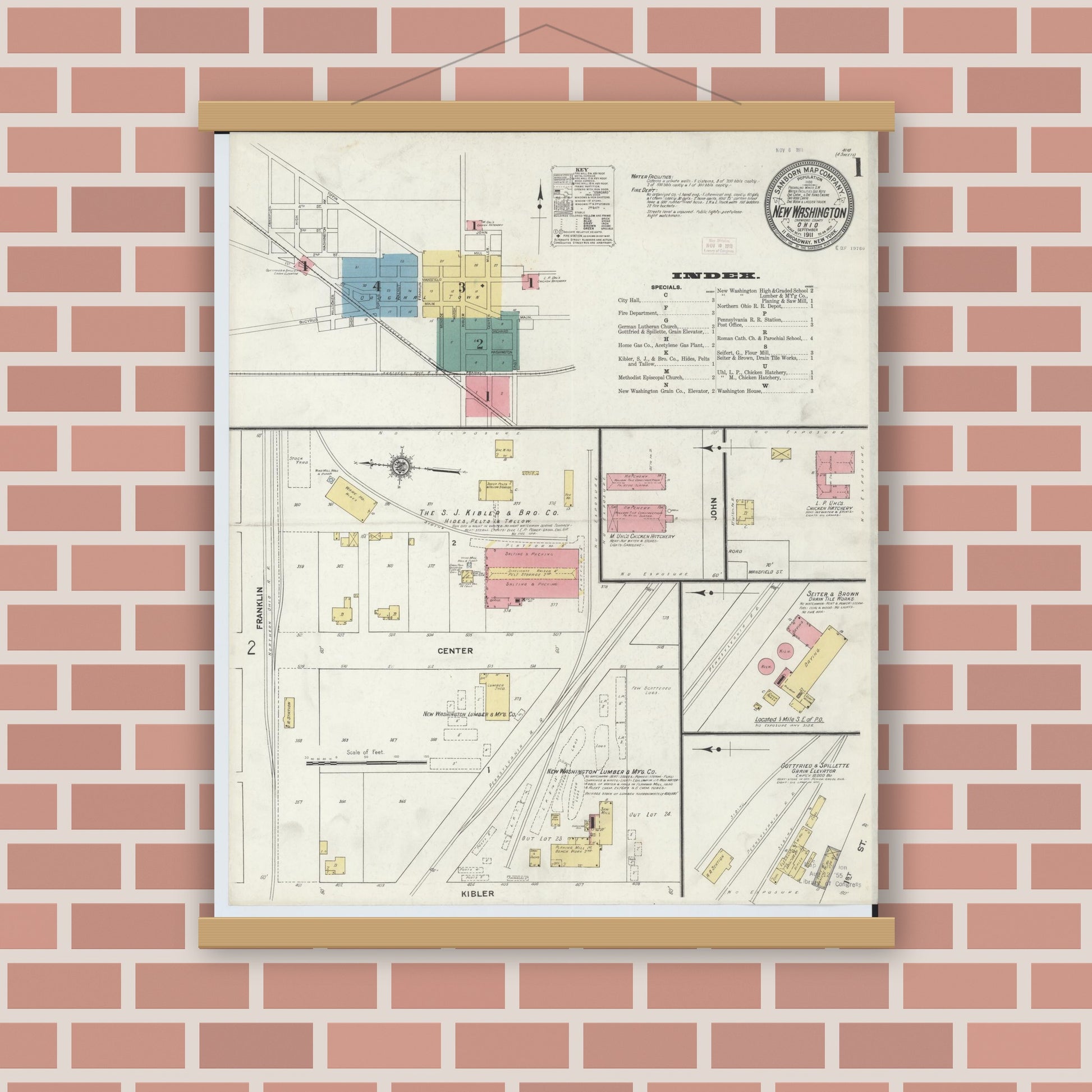 Old map wall art mockup — magnetic wood frame on brick wall — Sanborn Fire Insurance Map from New Washington, Crawford County, Ohio (1911) - Complete Map Set
