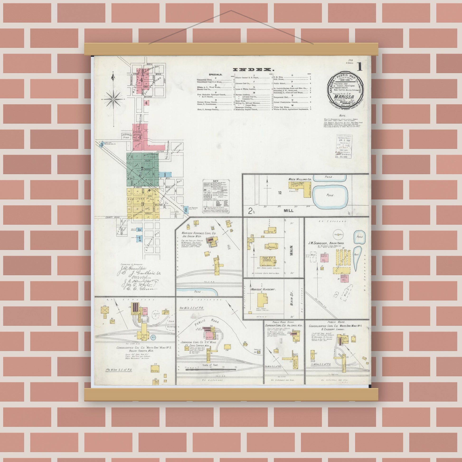 Old map wall art mockup — magnetic wood frame on brick wall — Sanborn Fire Insurance Map from Marissa, Saint Clair County, Illinois (1900), Sheet #0001