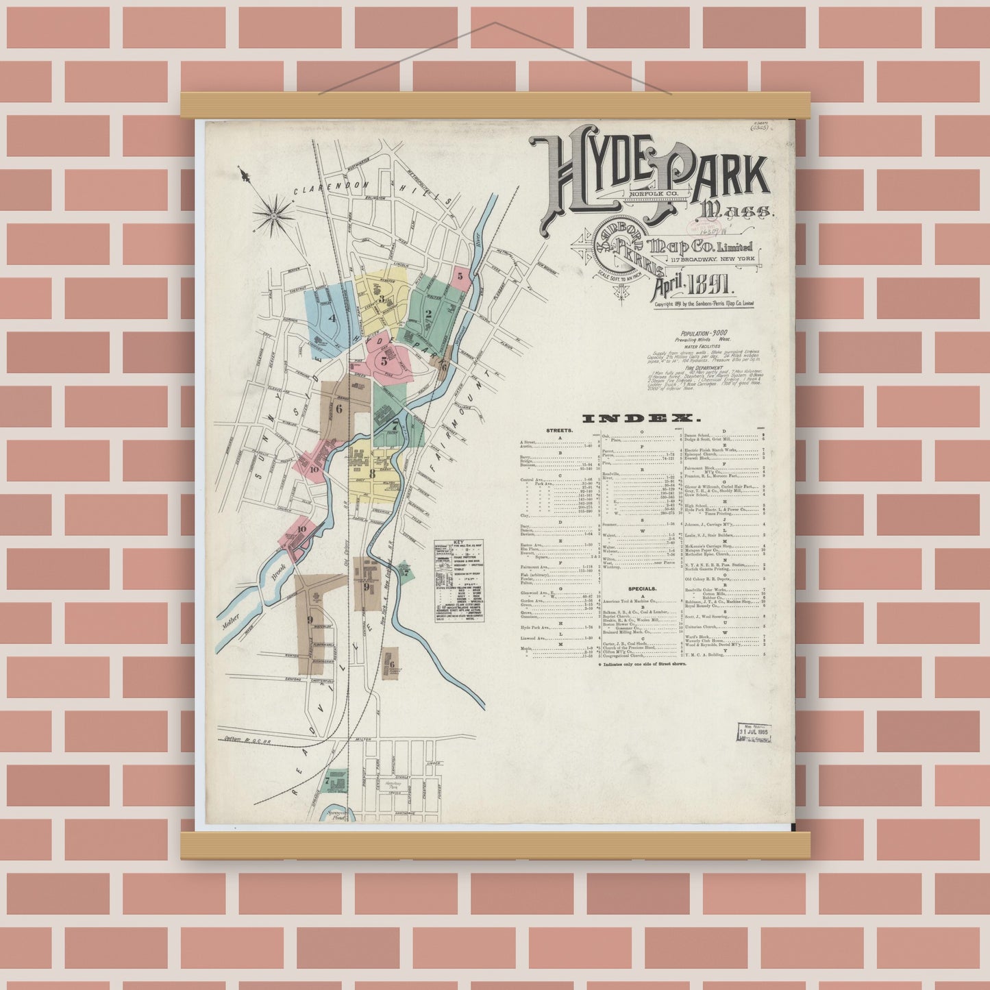 Old map wall art mockup — magnetic wood frame on brick wall — Sanborn Fire Insurance Map from Hyde Park, Norfolk County, Massachusetts (1891) - Complete Map Set