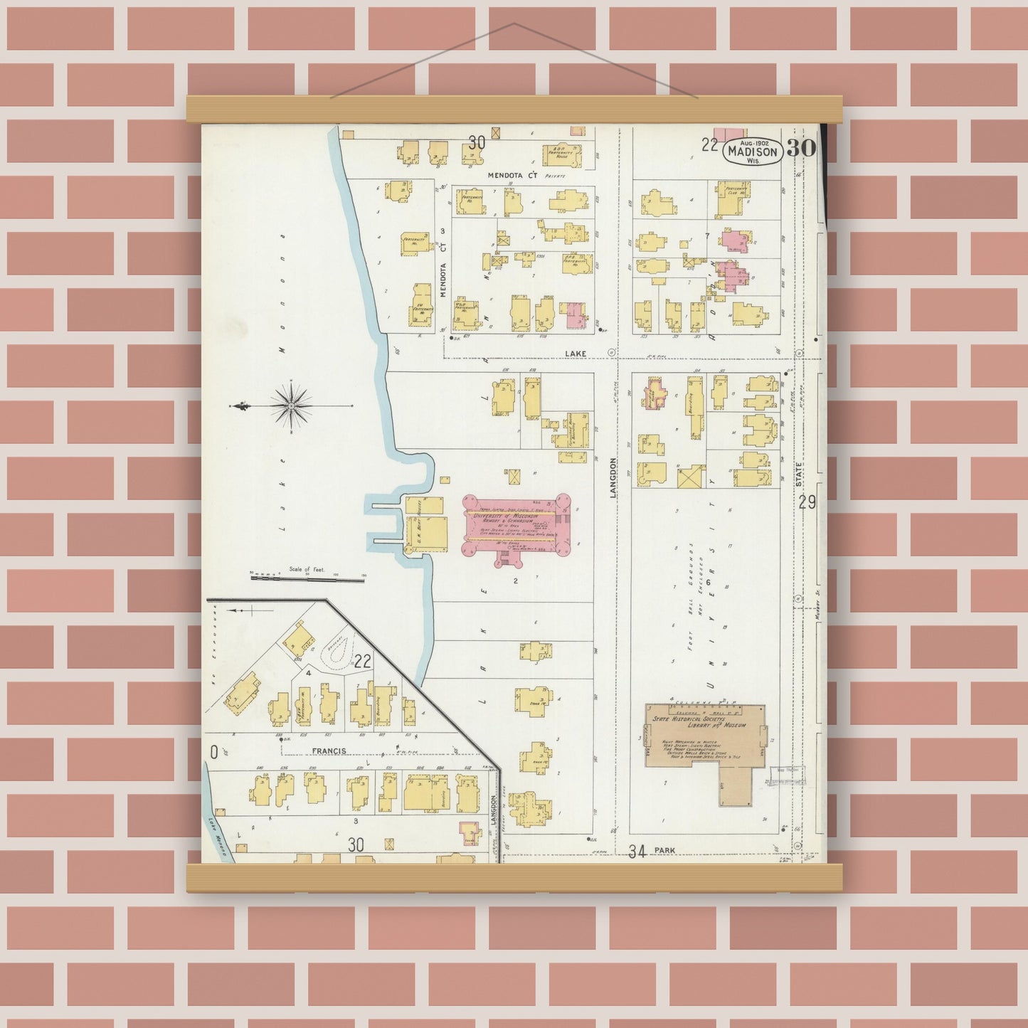 Old map wall art mockup — magnetic wood frame on brick wall — Sanborn Fire Insurance Map from Madison, Dane County, Wisconsin (1902), Sheet #0030
