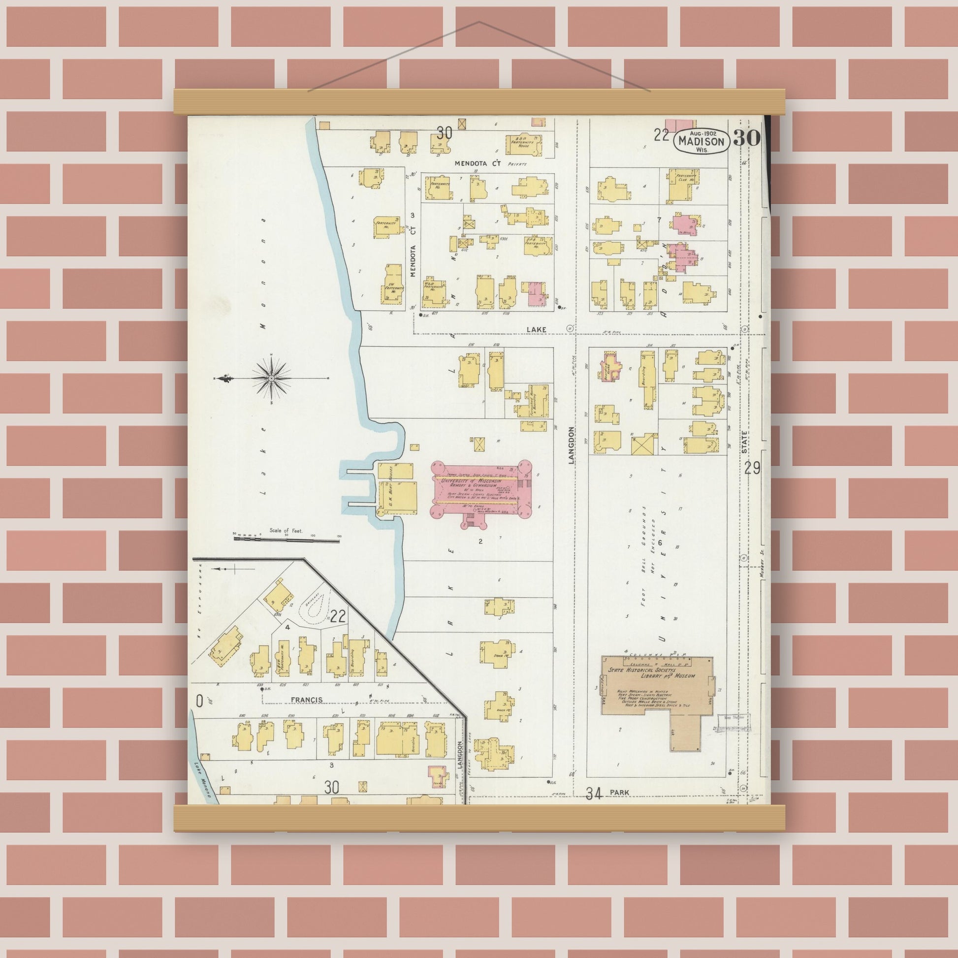 Old map wall art mockup — magnetic wood frame on brick wall — Sanborn Fire Insurance Map from Madison, Dane County, Wisconsin (1902), Sheet #0030