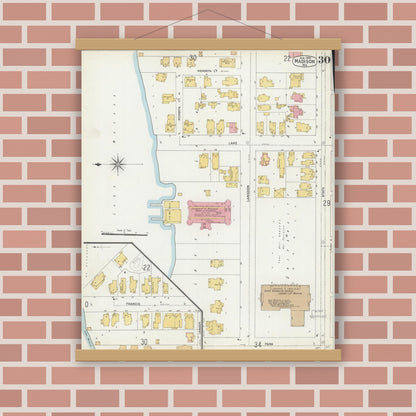 Old map wall art mockup — magnetic wood frame on brick wall — Sanborn Fire Insurance Map from Madison, Dane County, Wisconsin (1902), Sheet #0030