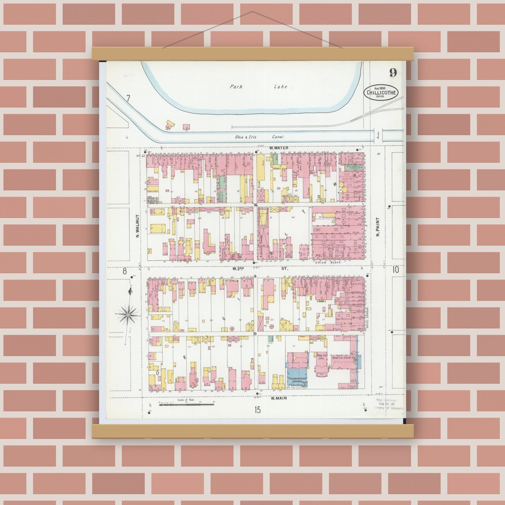 Old map wall art mockup — magnetic wood frame on brick wall — Sanborn Fire Insurance Map from Chillicothe, Ross County, Ohio (1900), Sheet #0009