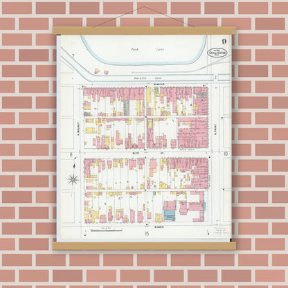 Old map wall art mockup — magnetic wood frame on brick wall — Sanborn Fire Insurance Map from Chillicothe, Ross County, Ohio (1900), Sheet #0009