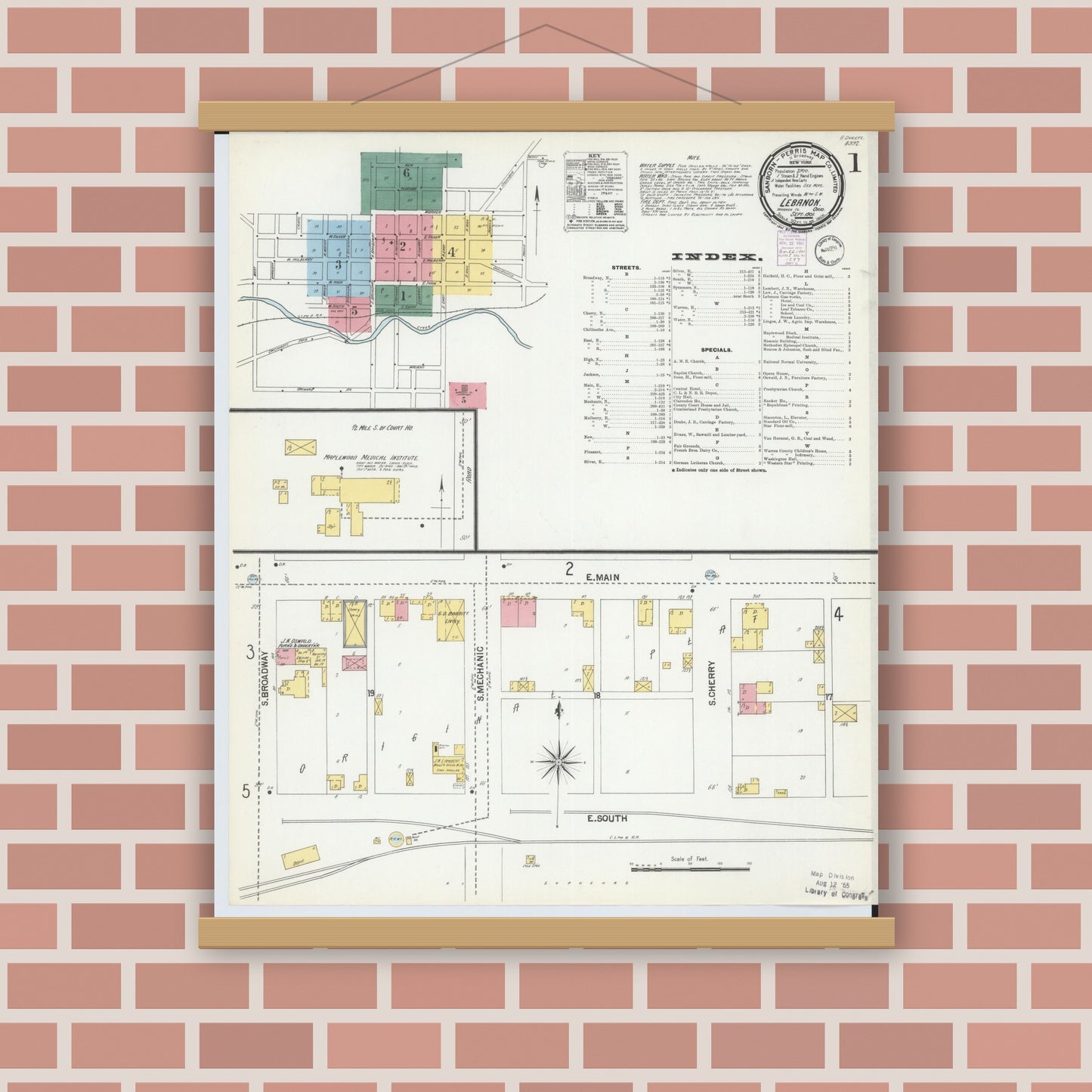 Old map wall art mockup — magnetic wood frame on brick wall — Sanborn Fire Insurance Map from Lebanon, Warren County, Ohio (1901), Sheet #0001