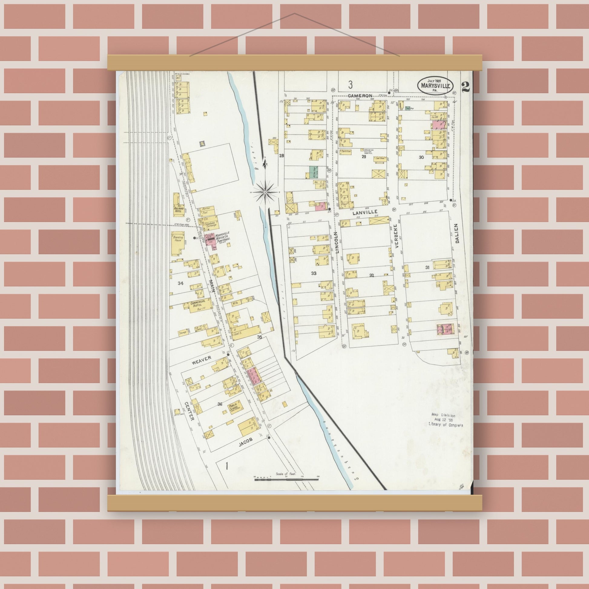 Old map wall art mockup — magnetic wood frame on brick wall — Sanborn Fire Insurance Map from Marysville, Perry County, Pennsylvania (1905), Sheet #0002
