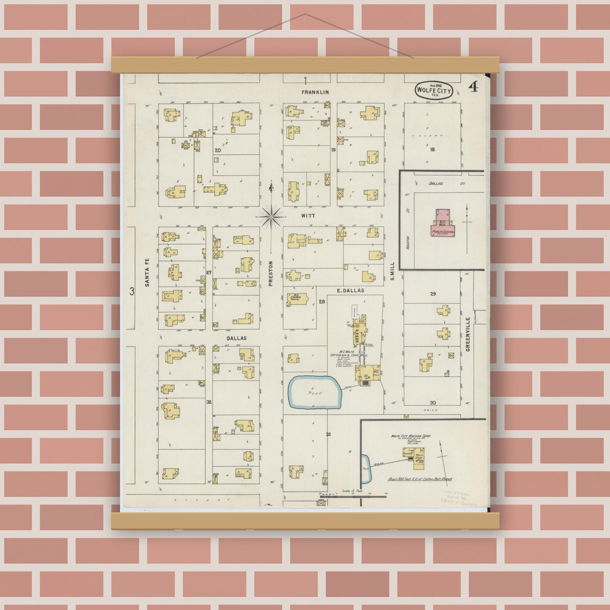 Old map wall art mockup — magnetic wood frame on brick wall — Sanborn Fire Insurance Map from Wolfe City, Hunt County, Texas (1896), Sheet #0004