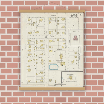 Old map wall art mockup — magnetic wood frame on brick wall — Sanborn Fire Insurance Map from Wolfe City, Hunt County, Texas (1896), Sheet #0004