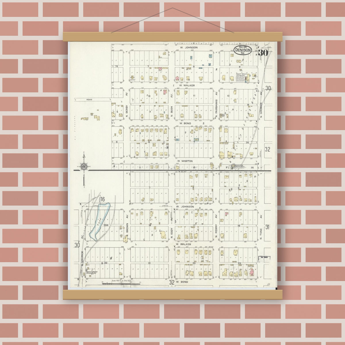 Old map wall art mockup — magnetic wood frame on brick wall — Sanborn Fire Insurance Map from Denison, Grayson County, Texas (1914), Sheet #0030