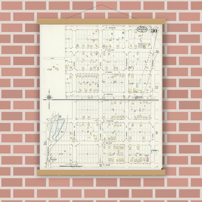 Old map wall art mockup — magnetic wood frame on brick wall — Sanborn Fire Insurance Map from Denison, Grayson County, Texas (1914), Sheet #0030
