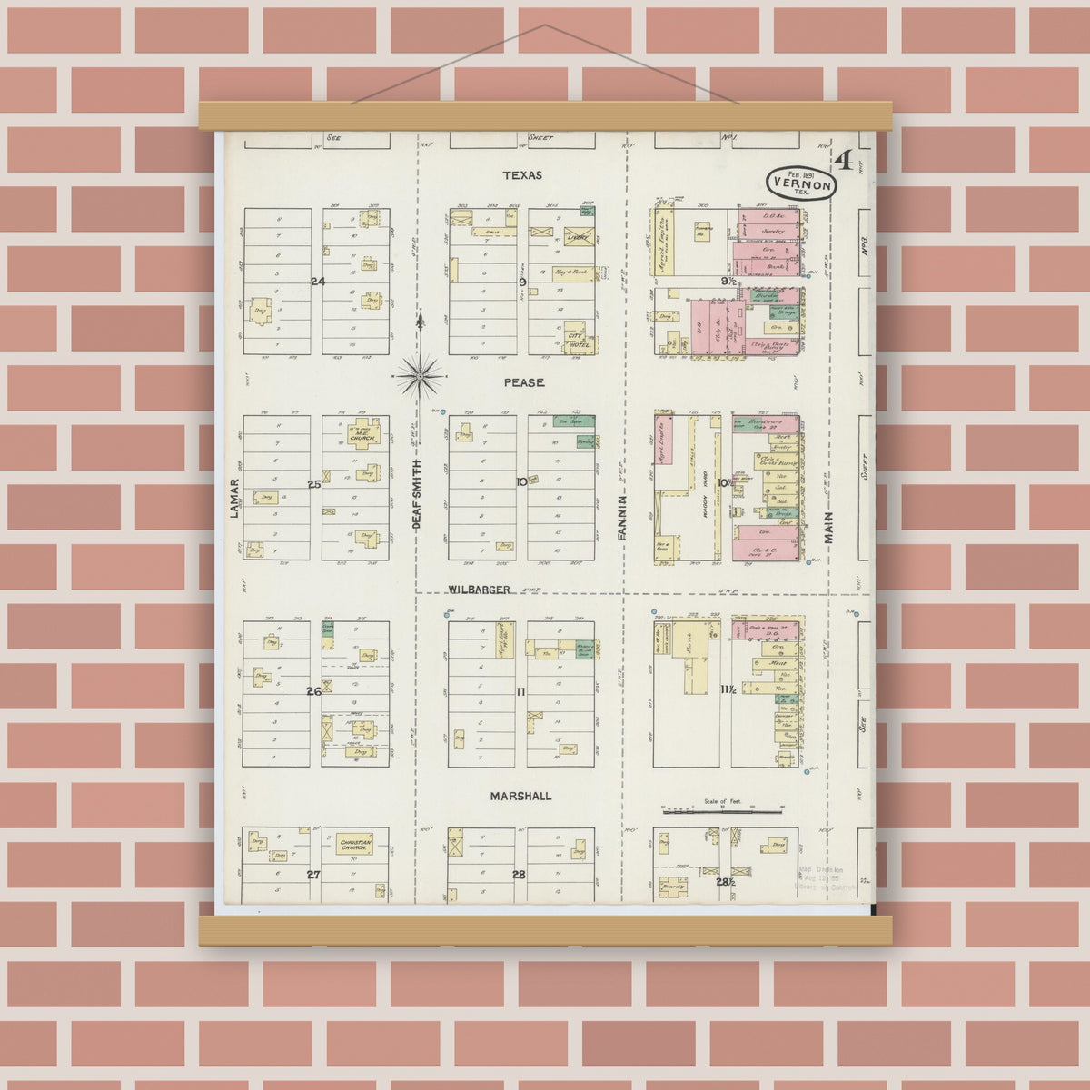 Old map wall art mockup — magnetic wood frame on brick wall — Sanborn Fire Insurance Map from Vernon, Wilbarger County, Texas (1891), Sheet #0004