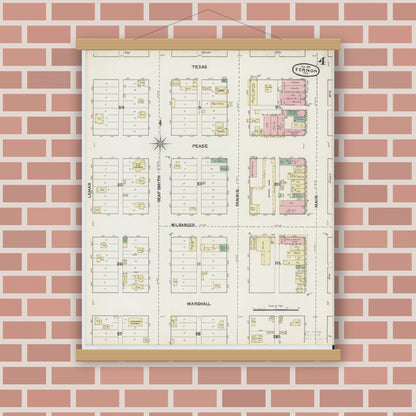 Old map wall art mockup — magnetic wood frame on brick wall — Sanborn Fire Insurance Map from Vernon, Wilbarger County, Texas (1891), Sheet #0004