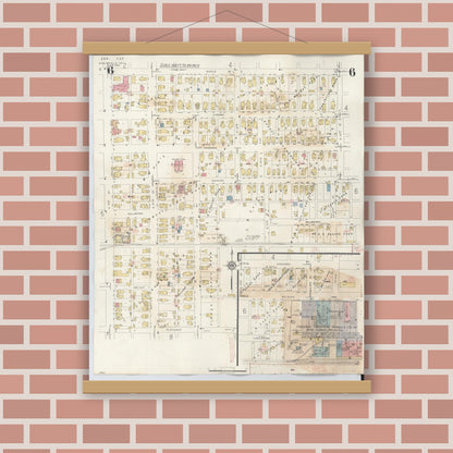 Old map wall art mockup — magnetic wood frame on brick wall — Sanborn Fire Insurance Map from Noblesville, Hamilton County, Indiana (1947), Sheet #0006