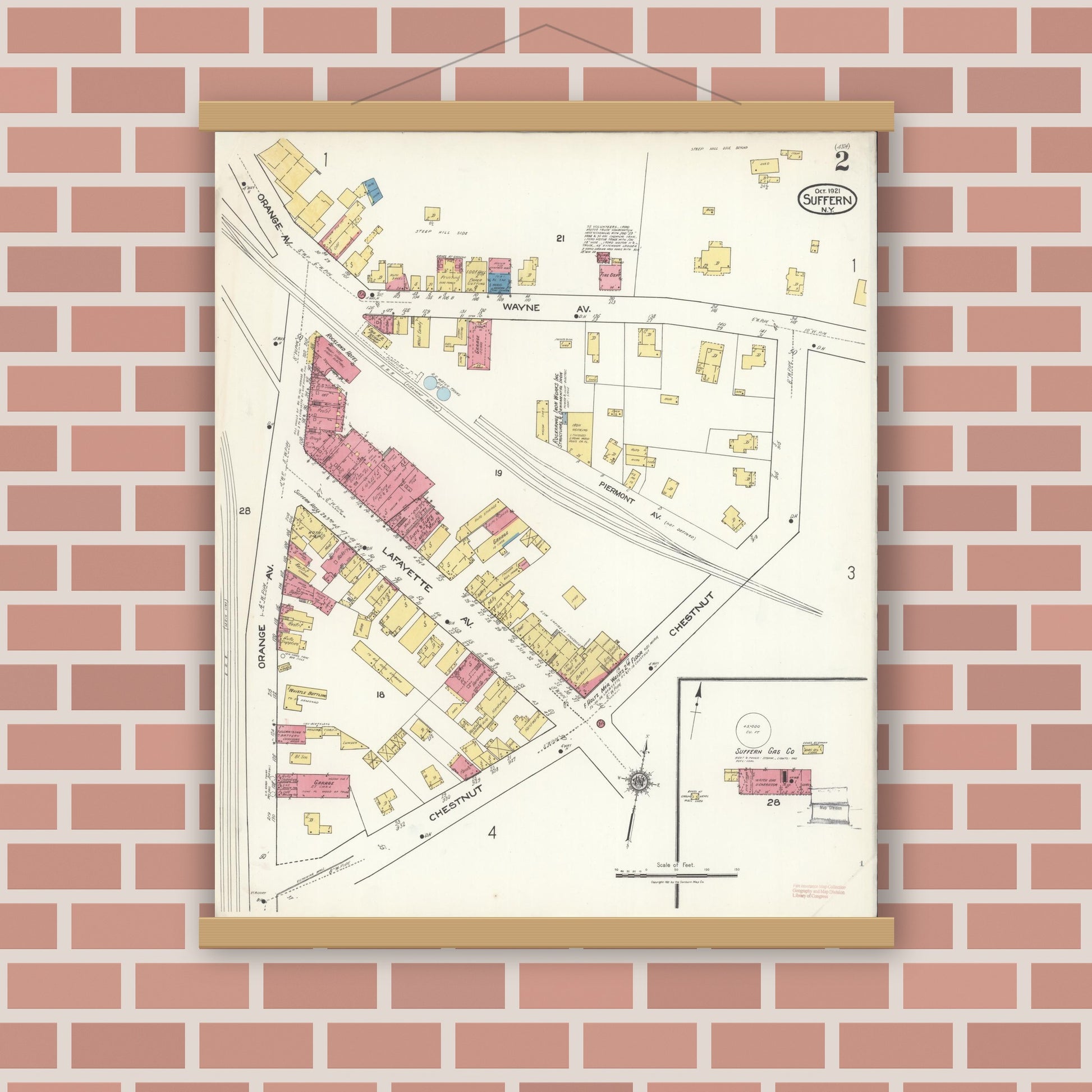 Old map wall art mockup — magnetic wood frame on brick wall — Sanborn Fire Insurance Map from Suffern, Rockland County, New York (1921), Sheet #0002