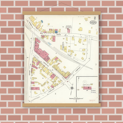 Old map wall art mockup — magnetic wood frame on brick wall — Sanborn Fire Insurance Map from Suffern, Rockland County, New York (1921), Sheet #0002