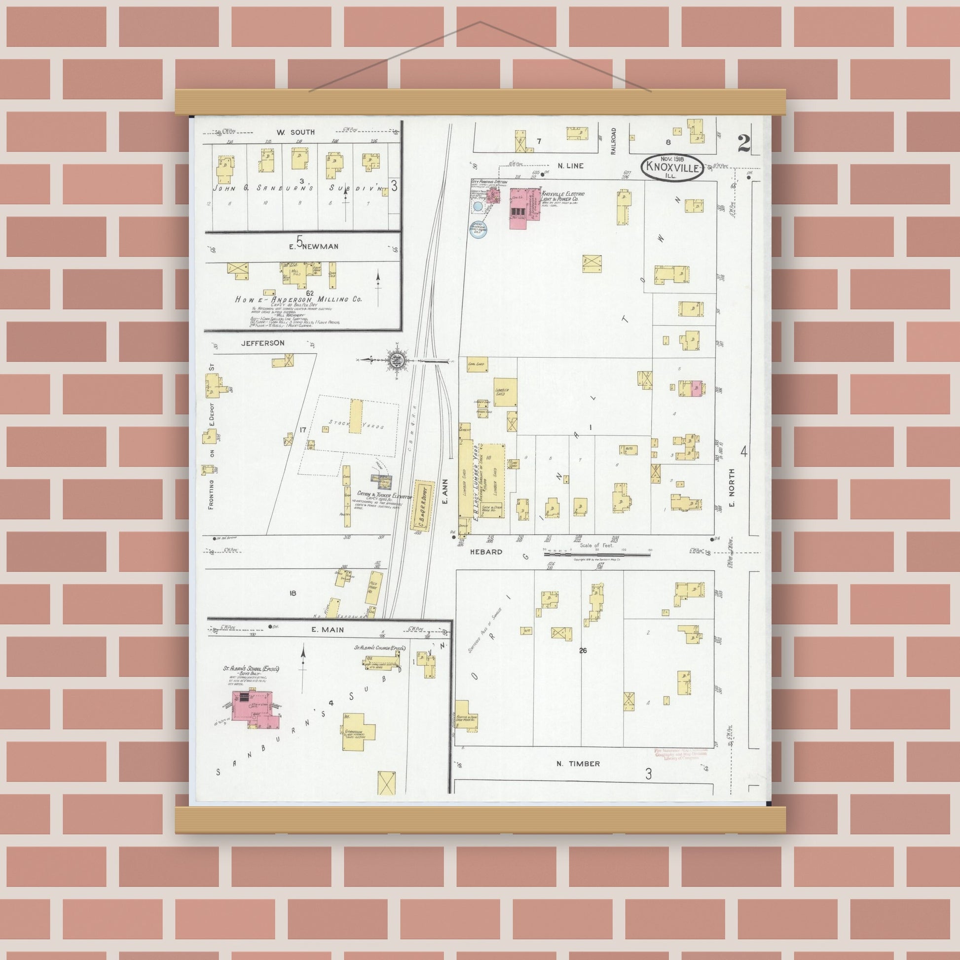 Old map wall art mockup — magnetic wood frame on brick wall — Sanborn Fire Insurance Map from Knoxville, Knox County, Illinois (1918), Sheet #0002