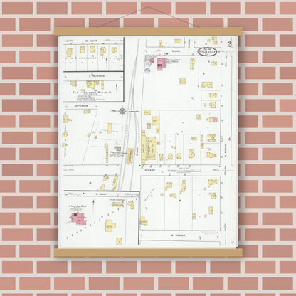 Old map wall art mockup — magnetic wood frame on brick wall — Sanborn Fire Insurance Map from Knoxville, Knox County, Illinois (1918), Sheet #0002