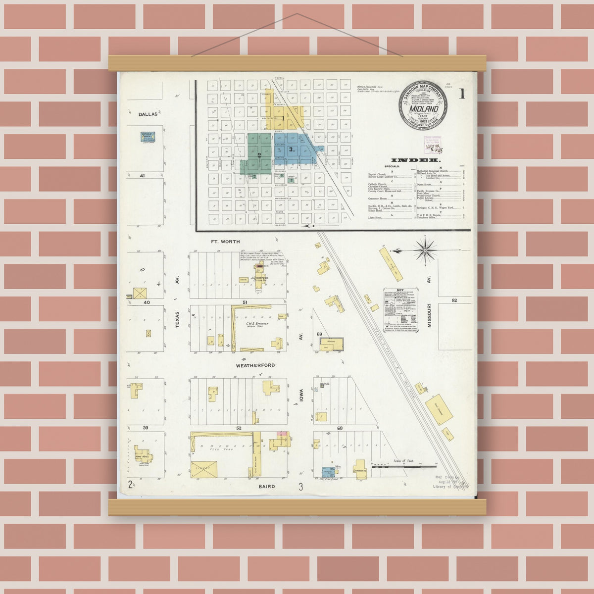 Old map wall art mockup — magnetic wood frame on brick wall — Sanborn Fire Insurance Map from Midland, Midland County, Texas (1909) - Complete Map Set
