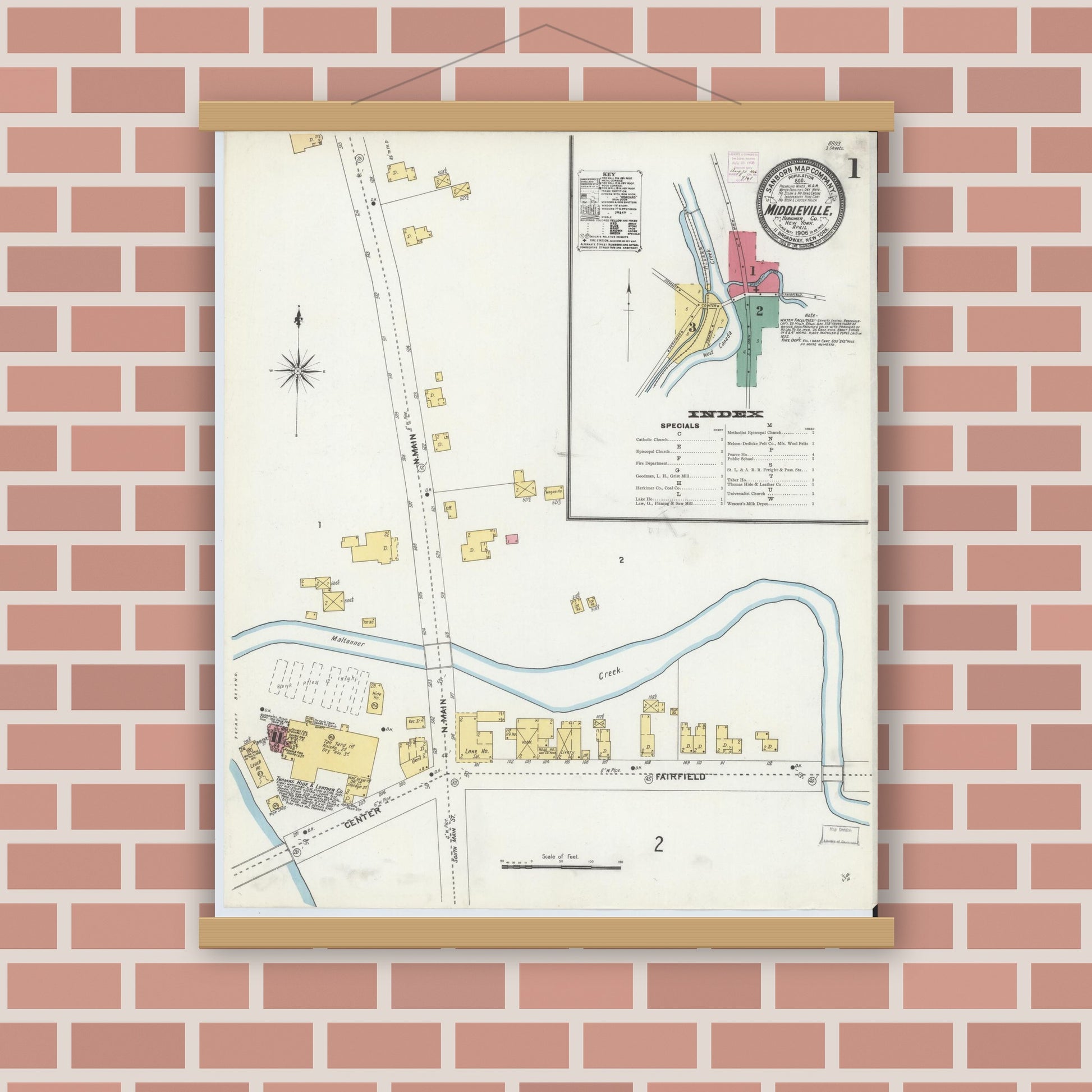 Old map wall art mockup — magnetic wood frame on brick wall — Sanborn Fire Insurance Map from Middleville, Herkimer County, New York (1906) - Complete Map Set