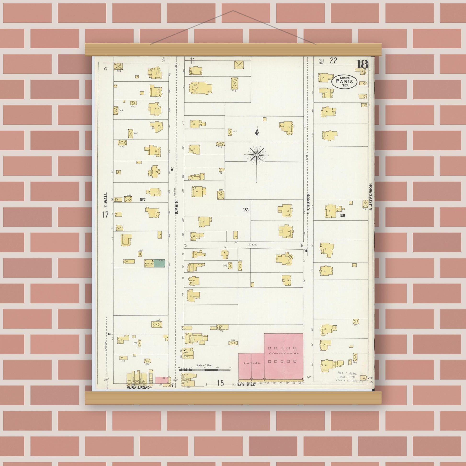 Old map wall art mockup — magnetic wood frame on brick wall — Sanborn Fire Insurance Map from Paris, Lamar County, Texas (1902), Sheet #0018
