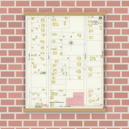 Old map wall art mockup — magnetic wood frame on brick wall — Sanborn Fire Insurance Map from Paris, Lamar County, Texas (1902), Sheet #0018