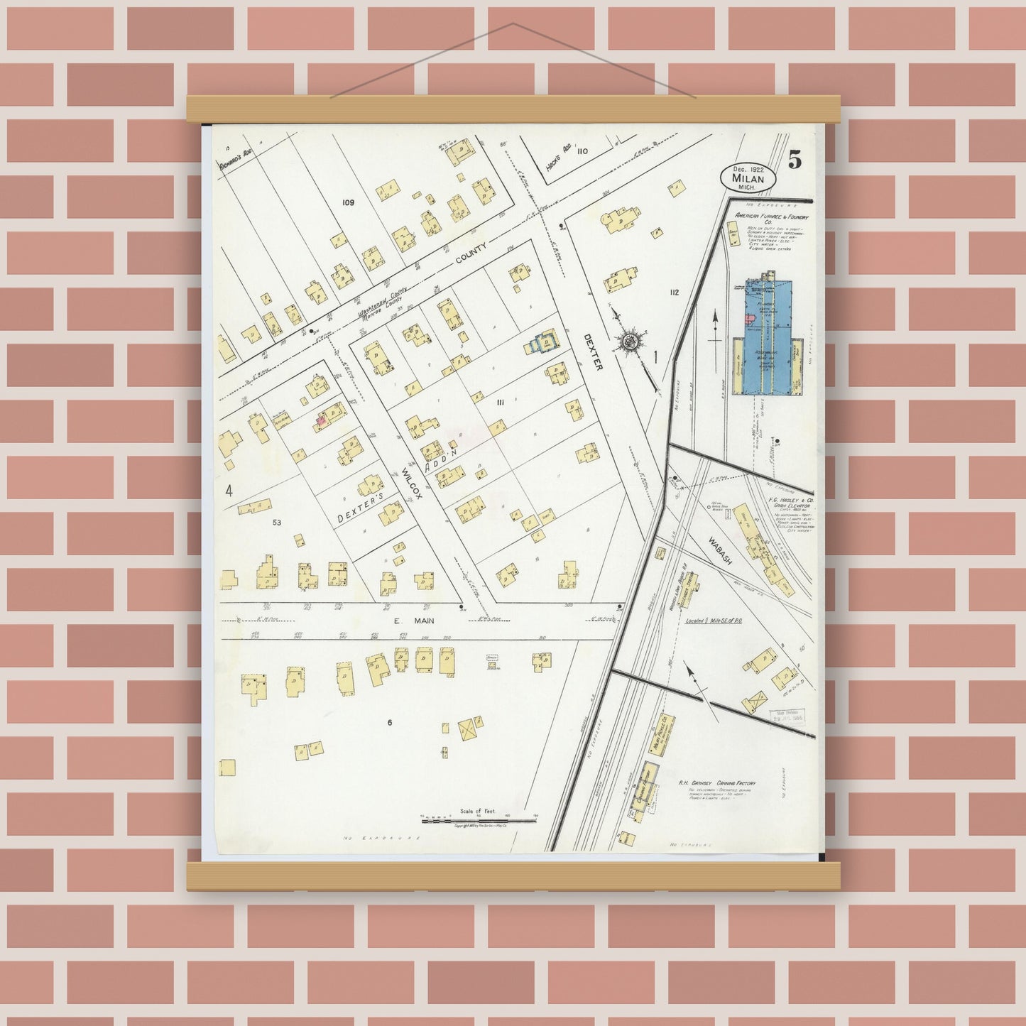 Old map wall art mockup — magnetic wood frame on brick wall — Sanborn Fire Insurance Map from Milan, Washtenaw And Monroe Counties, Michigan (1922), Sheet #0005