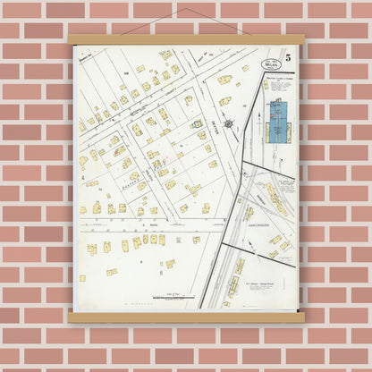Old map wall art mockup — magnetic wood frame on brick wall — Sanborn Fire Insurance Map from Milan, Washtenaw And Monroe Counties, Michigan (1922), Sheet #0005