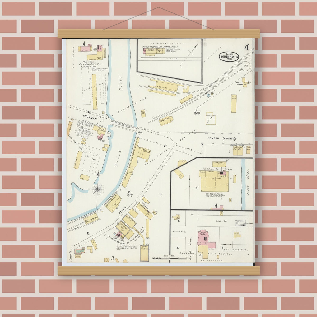 Old map wall art mockup — magnetic wood frame on brick wall — Sanborn Fire Insurance Map from South Haven, Van Buren County, Michigan (1896), Sheet #0004