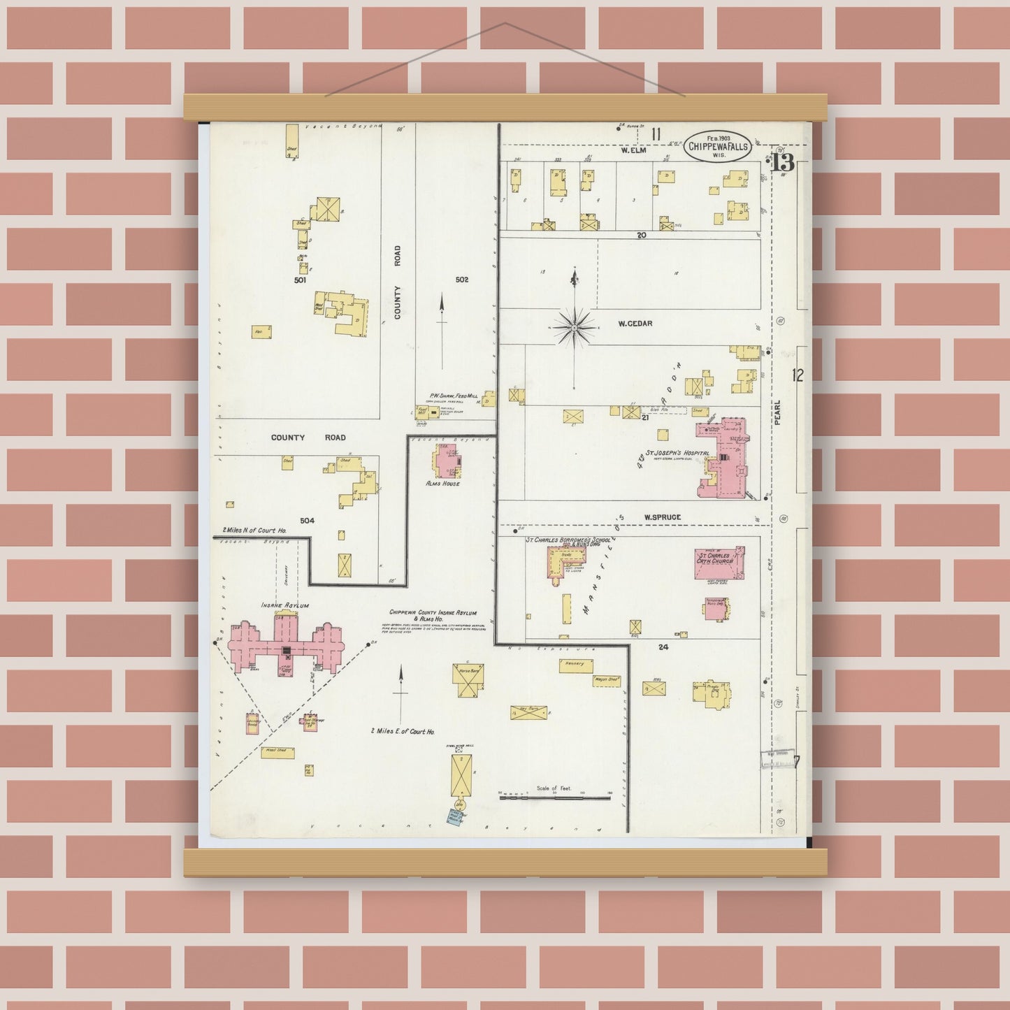 Old map wall art mockup — magnetic wood frame on brick wall — Sanborn Fire Insurance Map from Chippewa Falls, Chippewa County, Wisconsin (1903), Sheet #0013