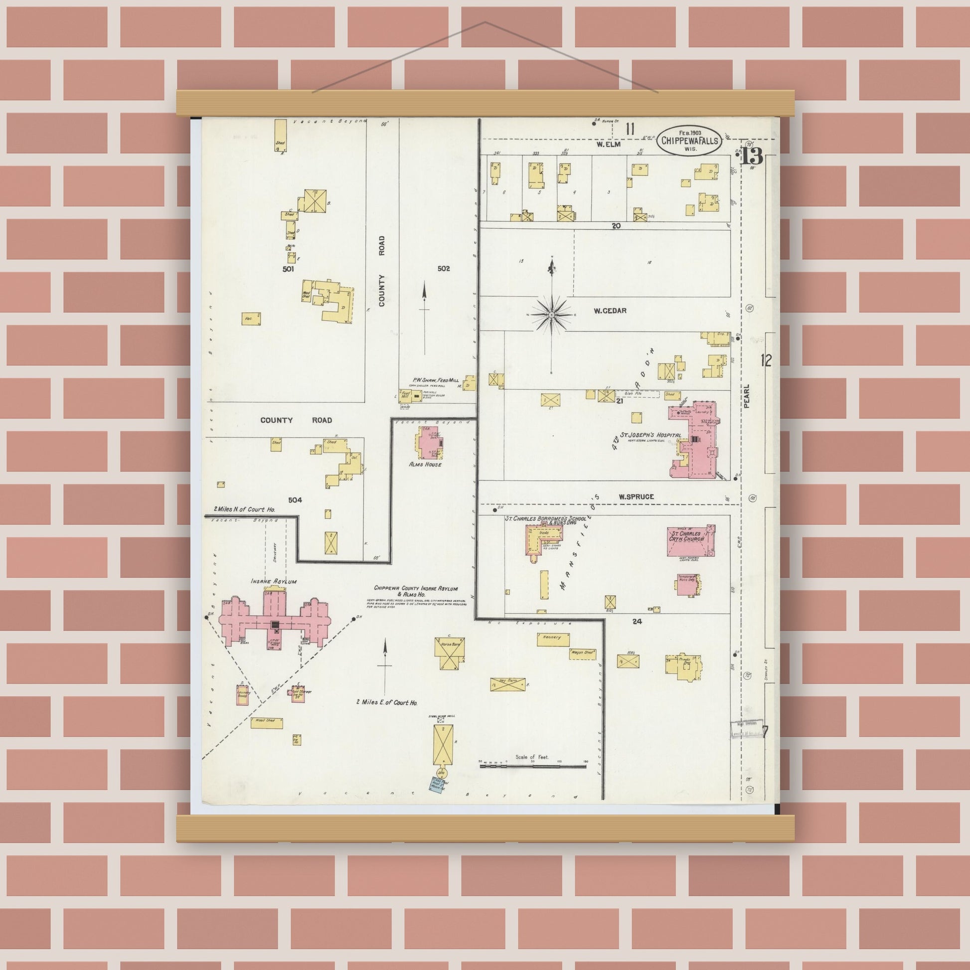 Old map wall art mockup — magnetic wood frame on brick wall — Sanborn Fire Insurance Map from Chippewa Falls, Chippewa County, Wisconsin (1903), Sheet #0013