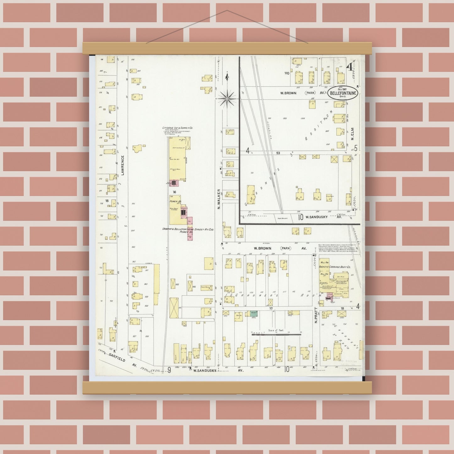 Old map wall art mockup — magnetic wood frame on brick wall — Sanborn Fire Insurance Map from Bellefontaine, Logan County, Ohio (1907), Sheet #0004