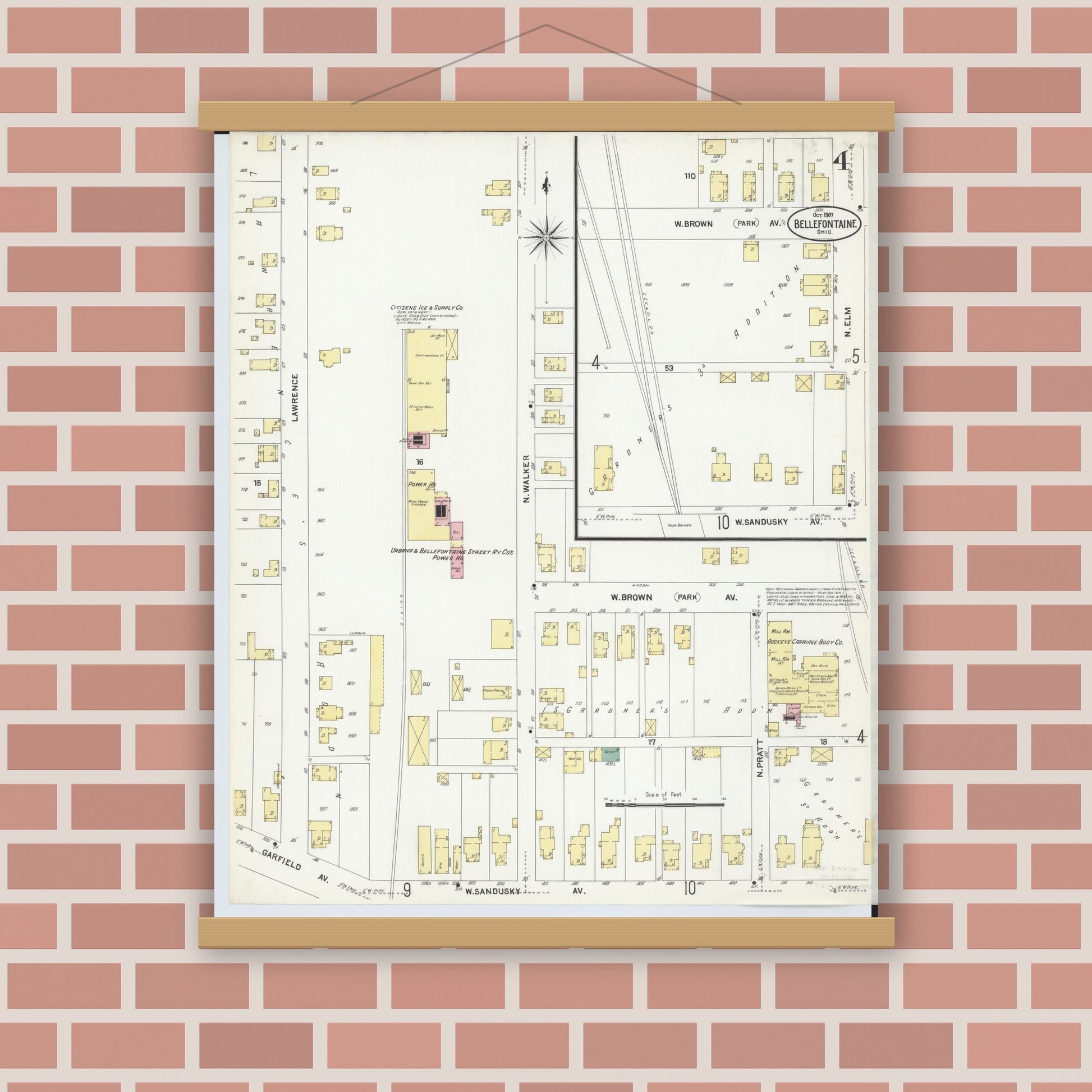 Old map wall art mockup — magnetic wood frame on brick wall — Sanborn Fire Insurance Map from Bellefontaine, Logan County, Ohio (1907), Sheet #0004
