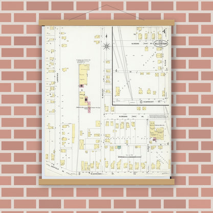 Old map wall art mockup — magnetic wood frame on brick wall — Sanborn Fire Insurance Map from Bellefontaine, Logan County, Ohio (1907), Sheet #0004