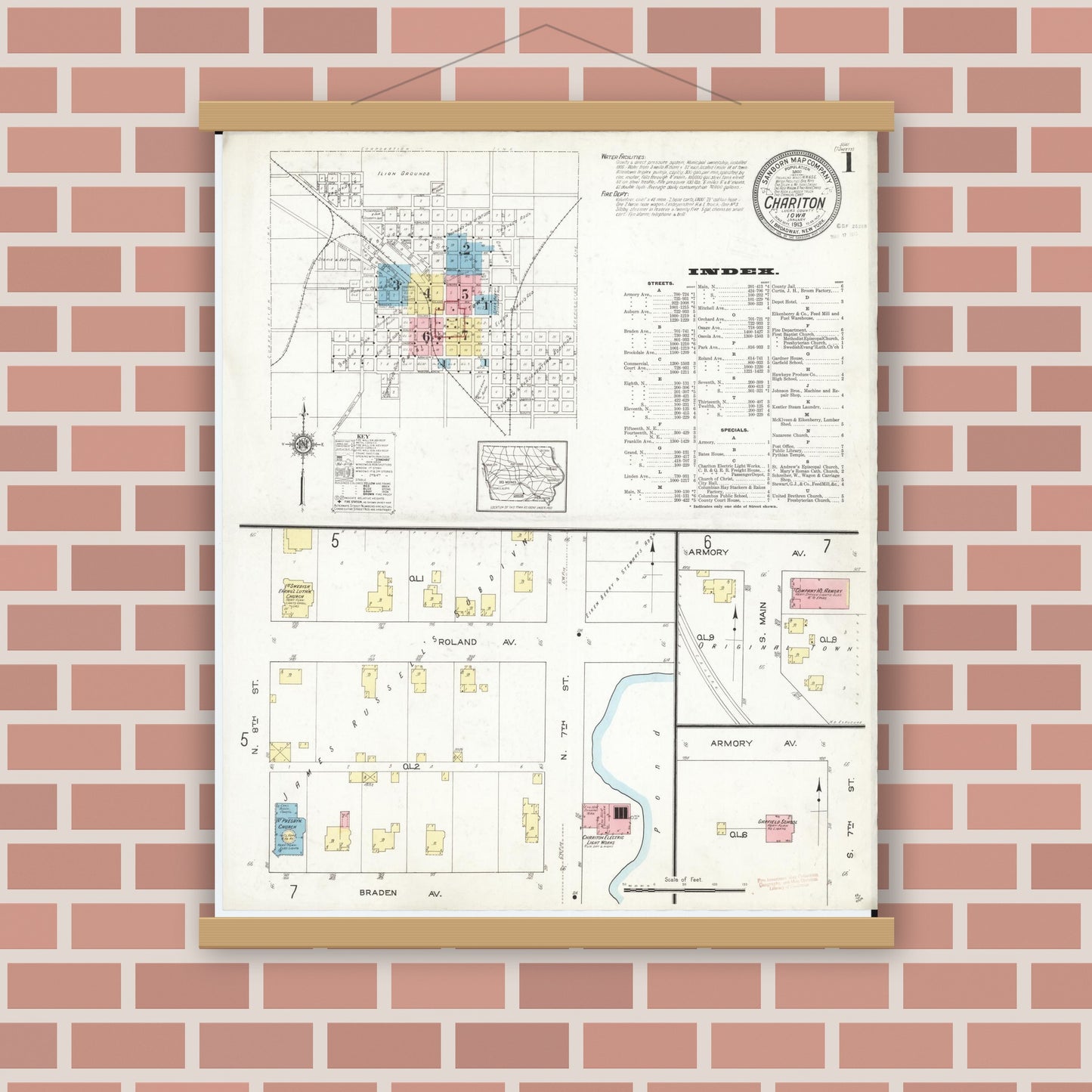 Old map wall art mockup — magnetic wood frame on brick wall — Sanborn Fire Insurance Map from Chariton, Lucas County, Iowa (1913) â€” Complete Set