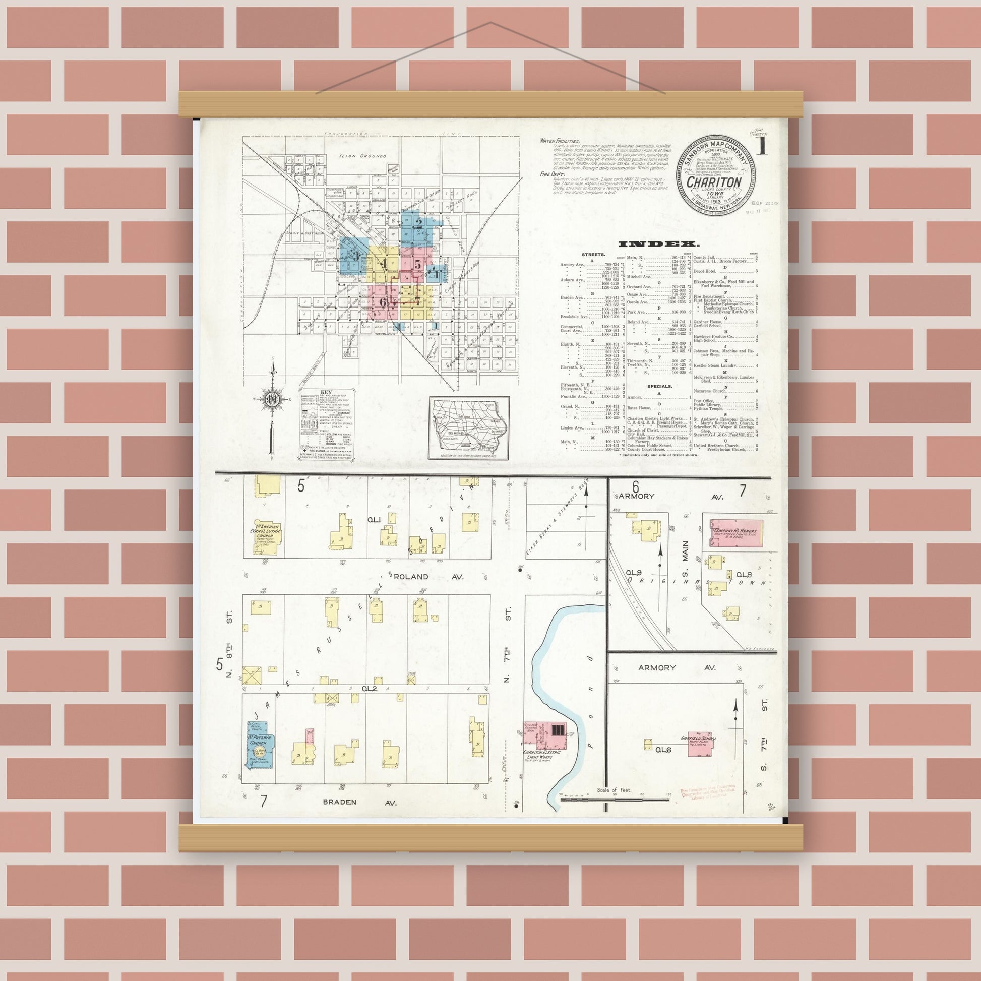 Old map wall art mockup — magnetic wood frame on brick wall — Sanborn Fire Insurance Map from Chariton, Lucas County, Iowa (1913) â€” Complete Set