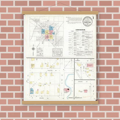 Old map wall art mockup — magnetic wood frame on brick wall — Sanborn Fire Insurance Map from Chariton, Lucas County, Iowa (1913) â€” Complete Set