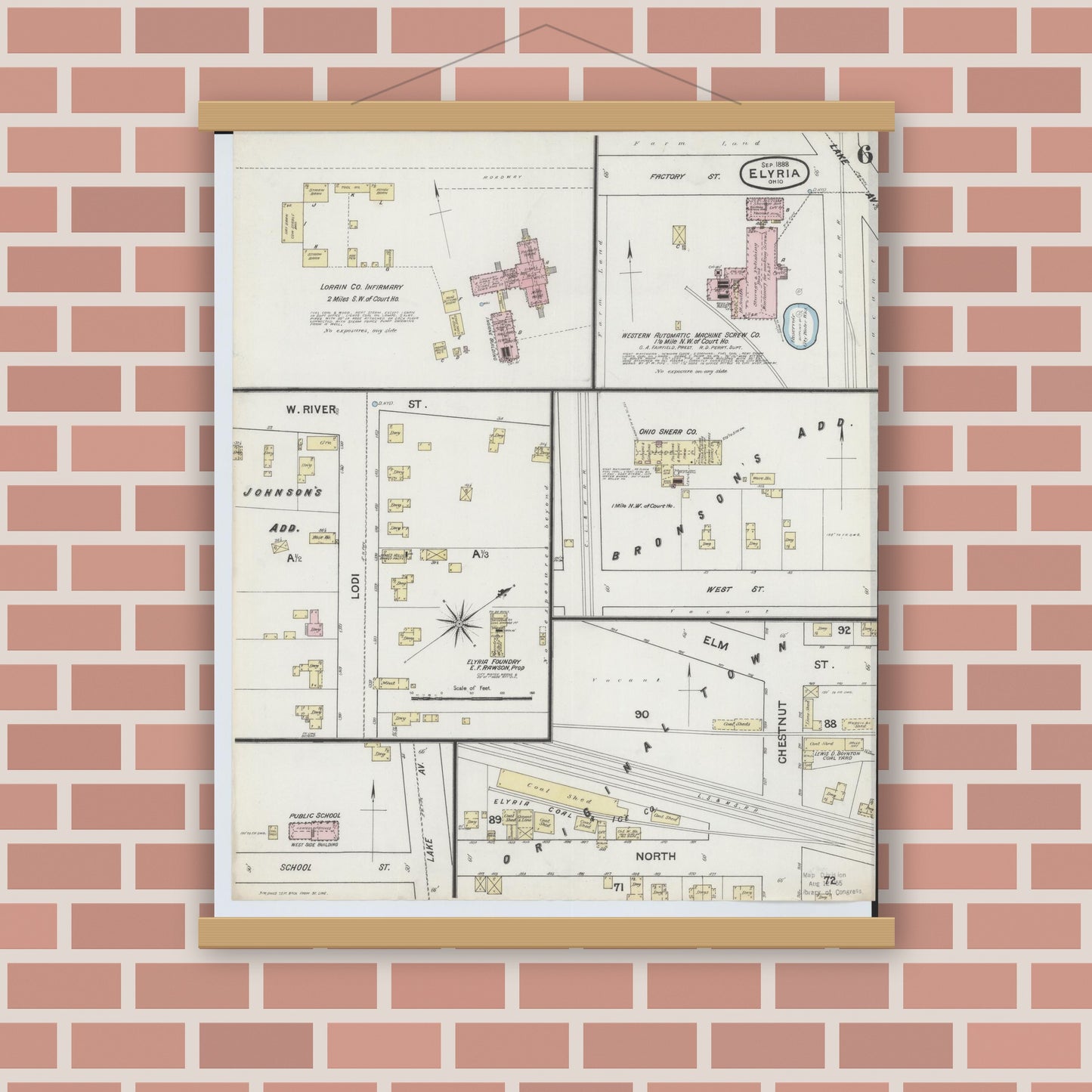 Old map wall art mockup — magnetic wood frame on brick wall — Sanborn Fire Insurance Map from Elyria, Lorain County, Ohio (1888), Sheet #0006