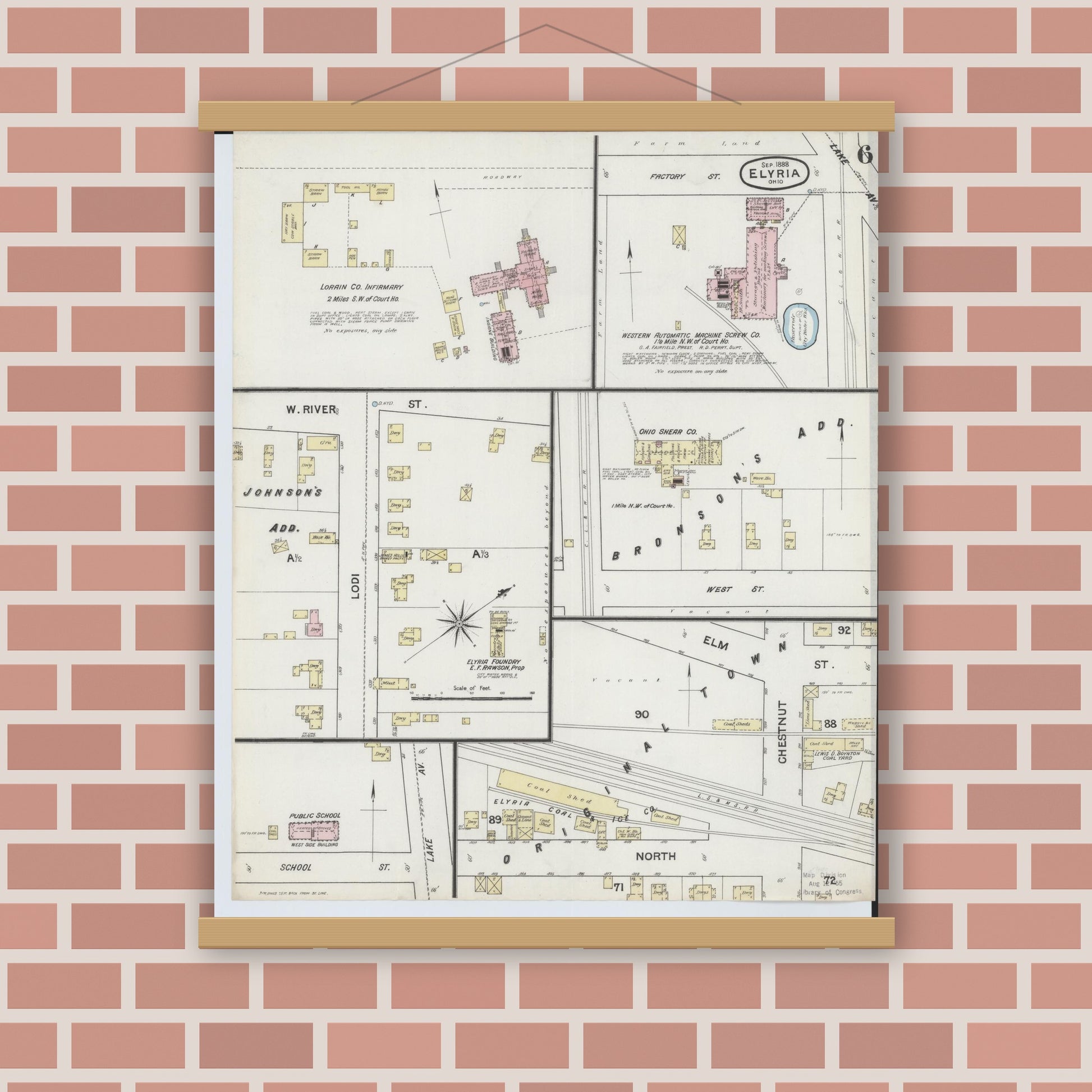 Old map wall art mockup — magnetic wood frame on brick wall — Sanborn Fire Insurance Map from Elyria, Lorain County, Ohio (1888), Sheet #0006