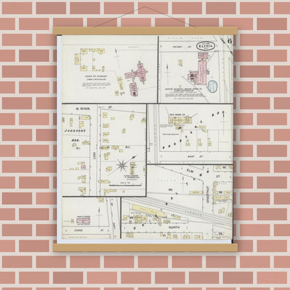 Old map wall art mockup — magnetic wood frame on brick wall — Sanborn Fire Insurance Map from Elyria, Lorain County, Ohio (1888), Sheet #0006