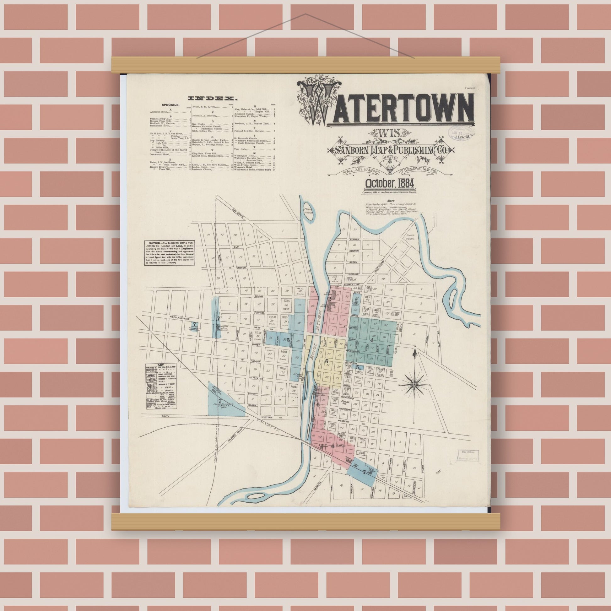 Old map wall art mockup — magnetic wood frame on brick wall — Sanborn Fire Insurance Map from Watertown, Jefferson County, Wisconsin (1884), Sheet #0001