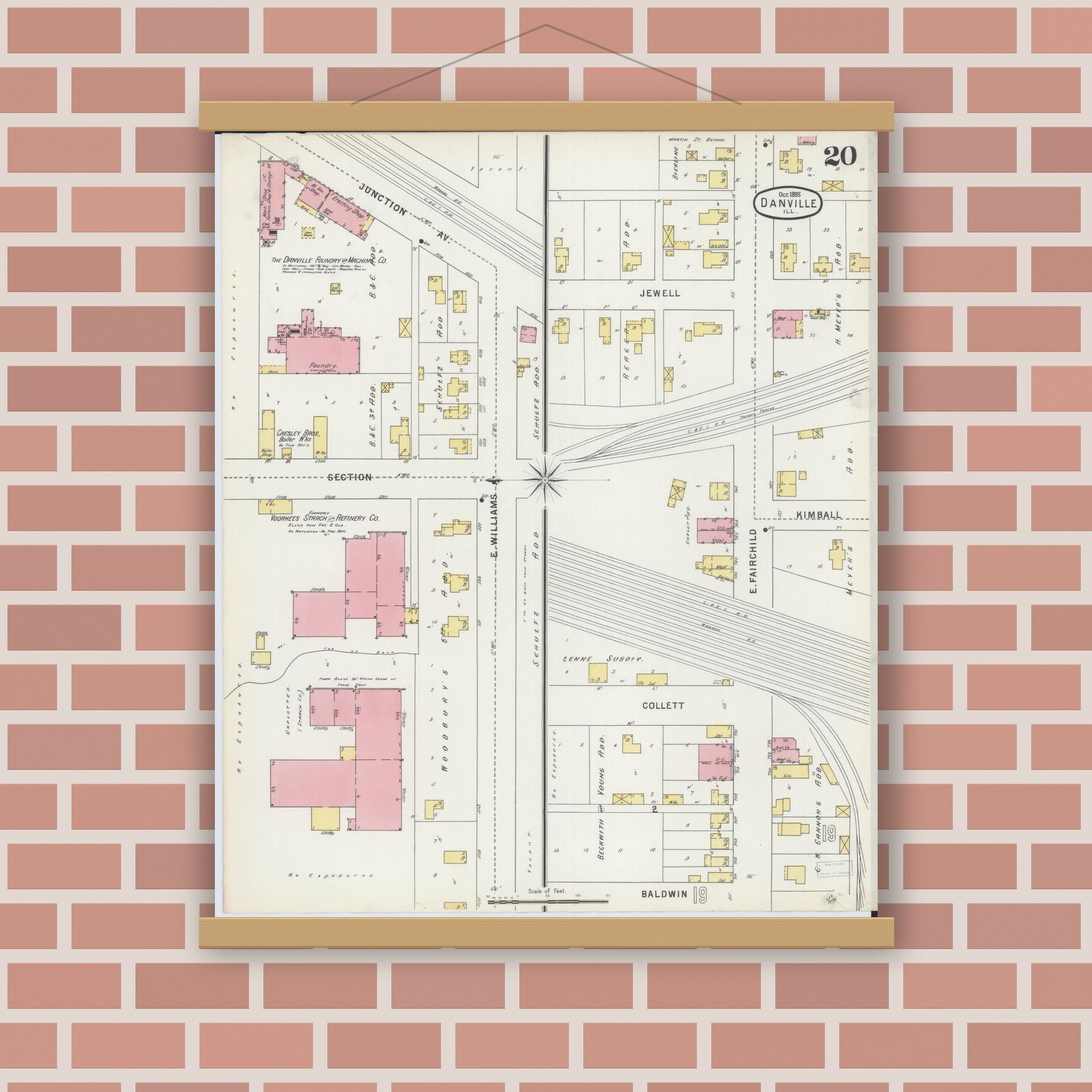 Old map wall art mockup — magnetic wood frame on brick wall — Sanborn Fire Insurance Map from Danville, Vermilion County, Illinois (1895), Sheet #0020