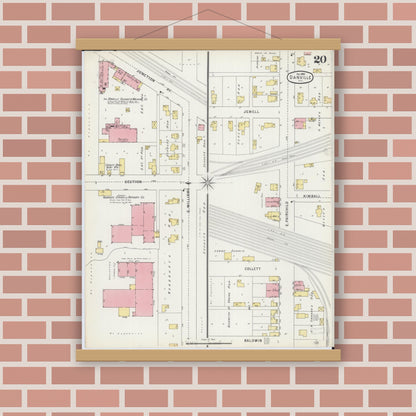 Old map wall art mockup — magnetic wood frame on brick wall — Sanborn Fire Insurance Map from Danville, Vermilion County, Illinois (1895), Sheet #0020