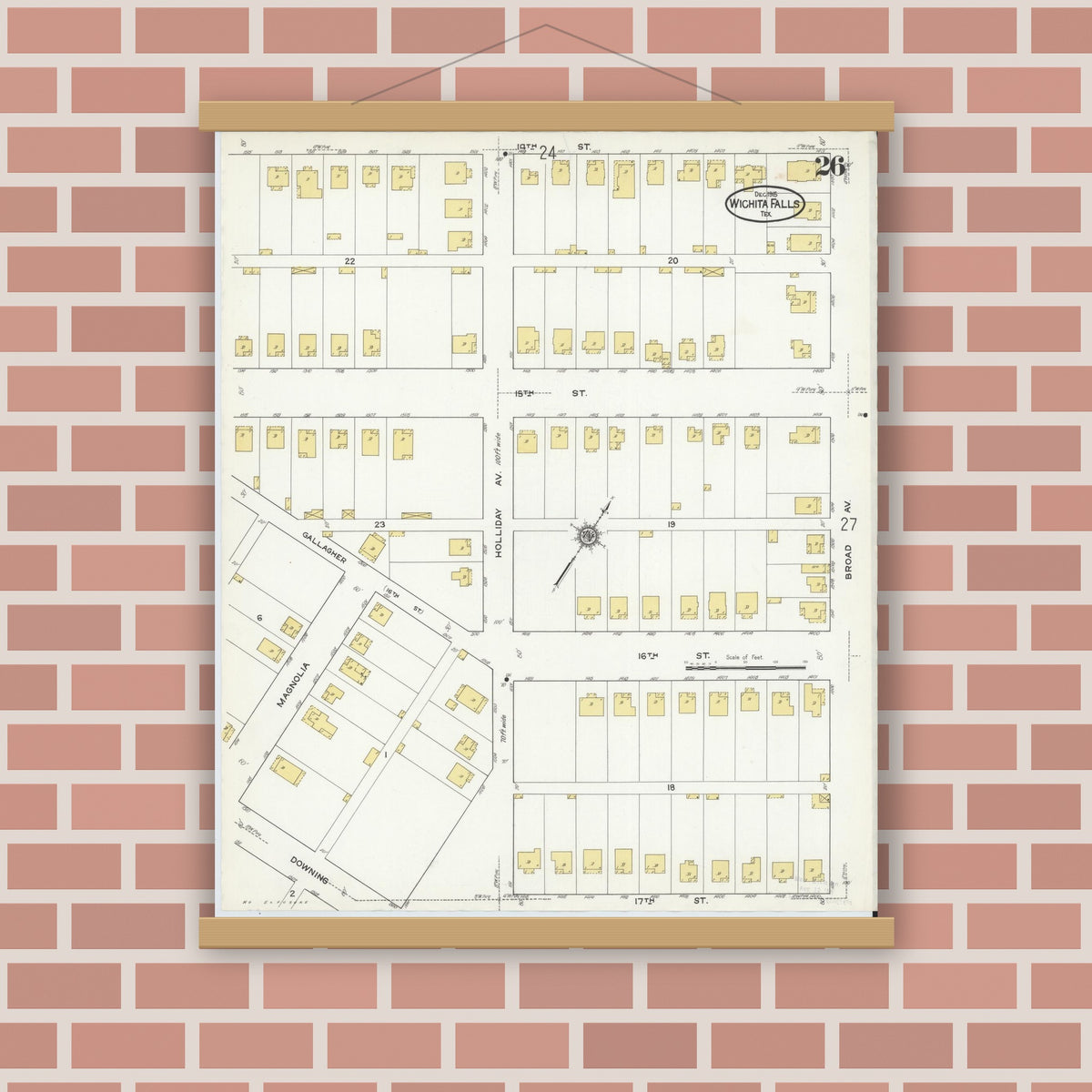 Old map wall art mockup — magnetic wood frame on brick wall — Sanborn Fire Insurance Map from Wichita Falls, Wichita County, Texas (1915), Sheet #0026